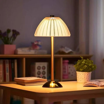 Modern Crystal Metal Cordless Table Lamp with Pleated Dome Shade
