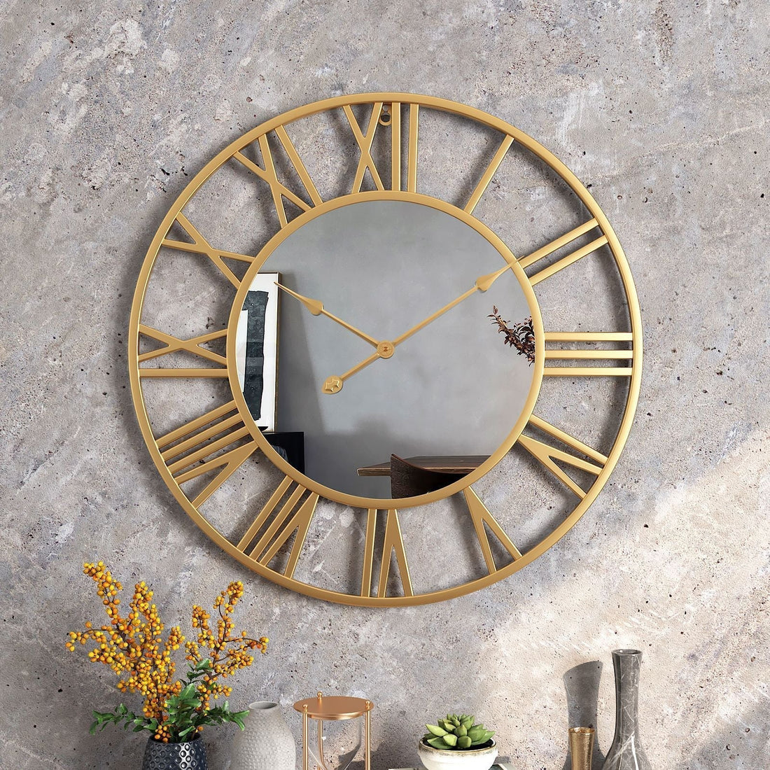 Wall Clock | Brushed Metal & Glass | Roman Numerals Open Frame | Urban Loft Decor