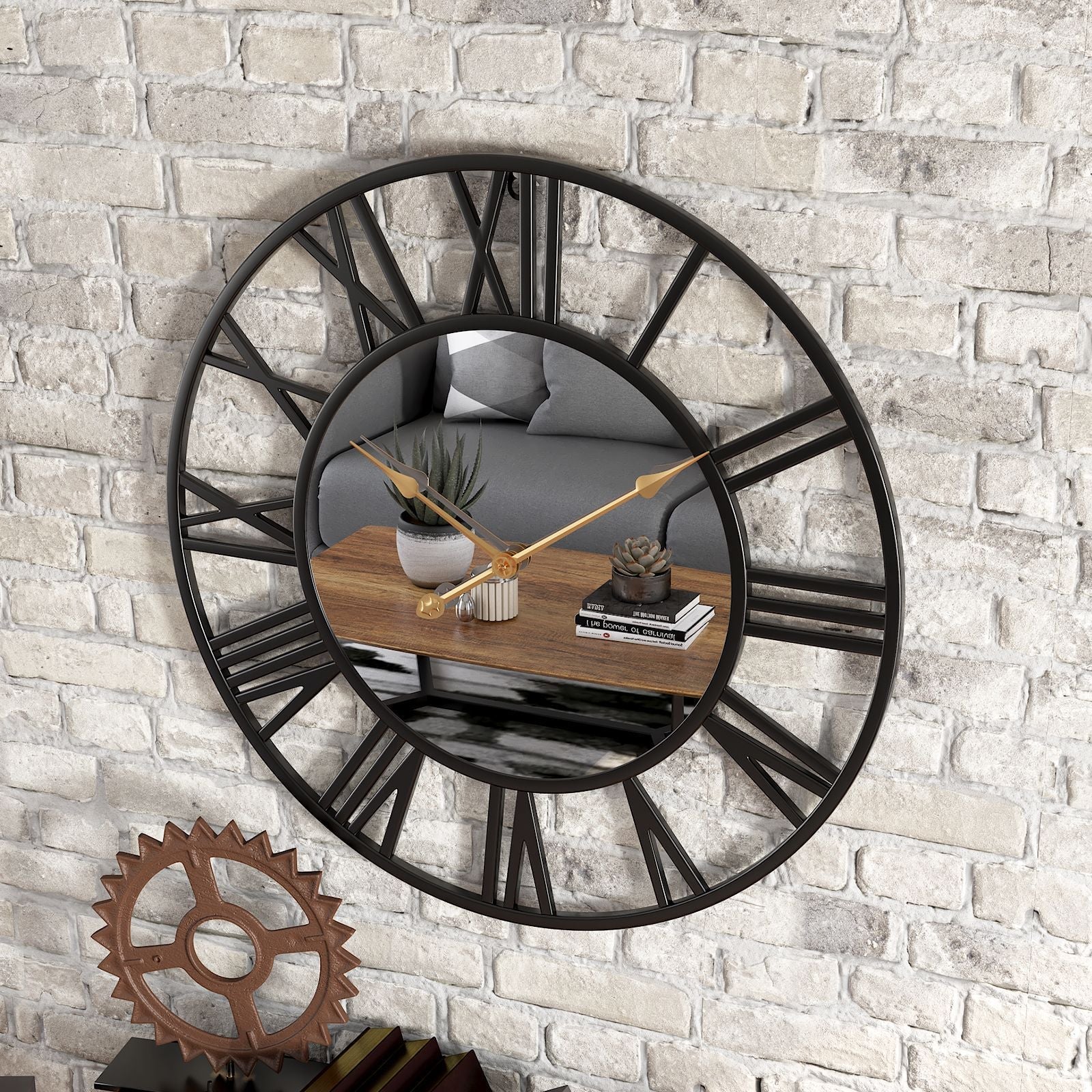 Wall Clock | Brushed Metal & Glass | Roman Numerals Open Frame | Urban Loft Decor