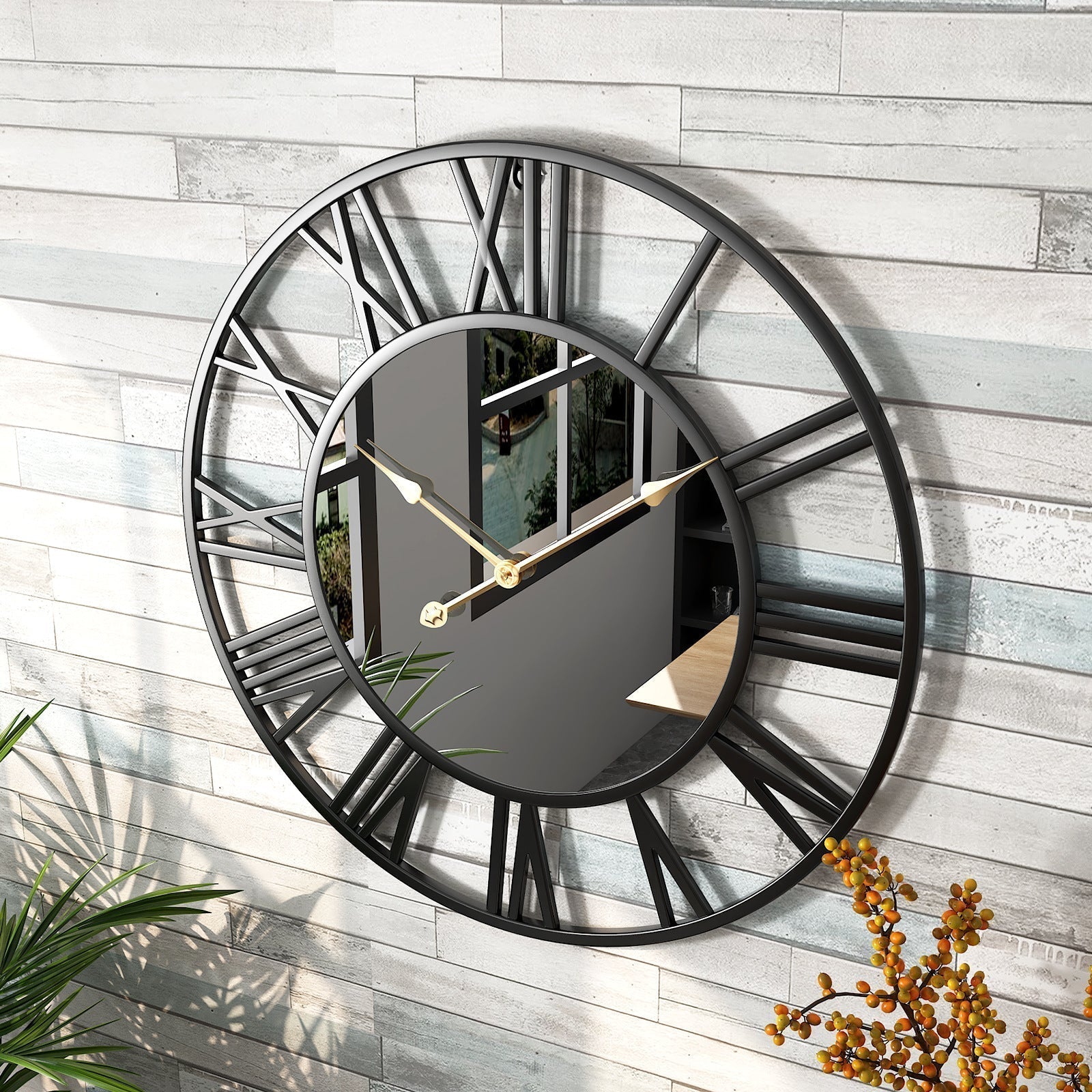 Wall Clock | Brushed Metal & Glass | Roman Numerals Open Frame | Urban Loft Decor