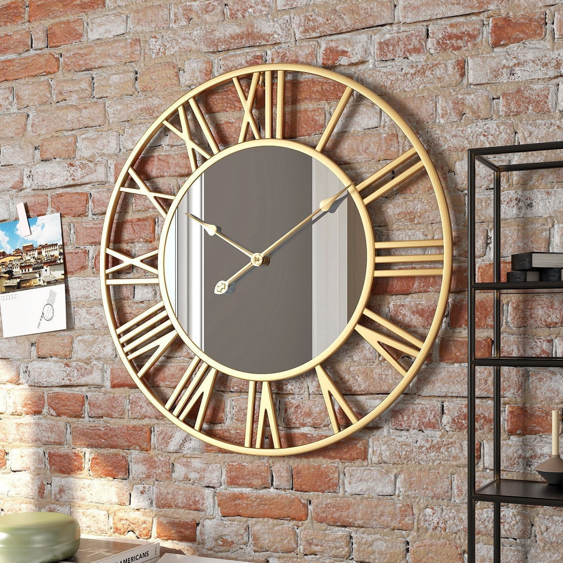 Wall Clock | Brushed Metal & Glass | Roman Numerals Open Frame | Urban Loft Decor