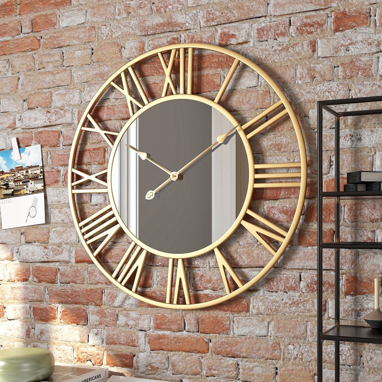 Wall Clock | Brushed Metal & Glass | Roman Numerals Open Frame | Urban Loft Decor