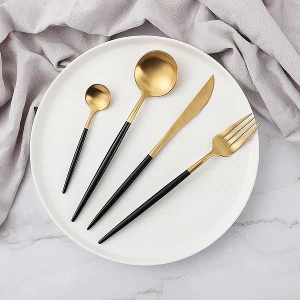Cutlery Set | Brushed Gold Stainless Steel | Sleek Elongated Design | Upscale Dining