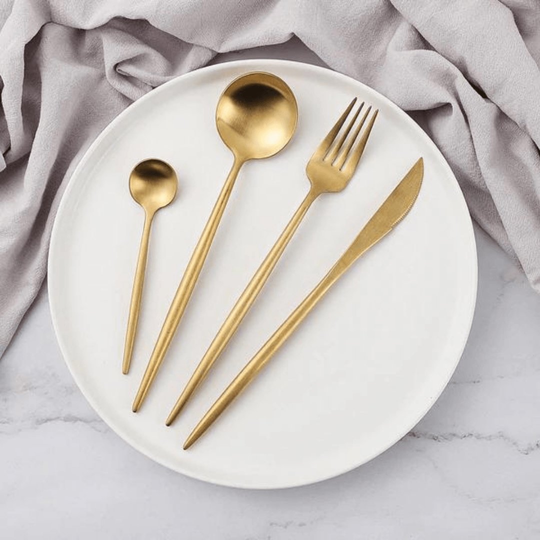 Cutlery Set | Brushed Gold Stainless Steel | Sleek Elongated Design | Upscale Dining