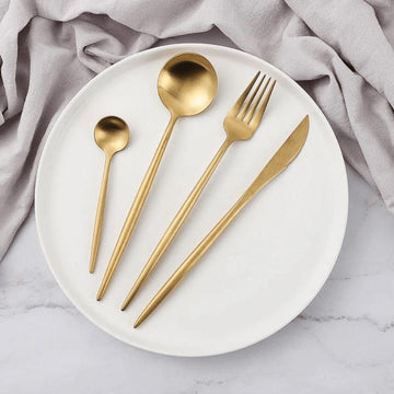 Cutlery Set | Brushed Gold Stainless Steel | Sleek Elongated Design | Upscale Dining