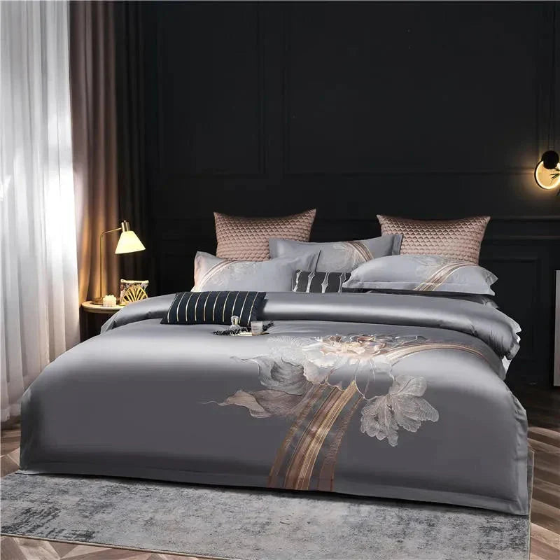 Duvet Cover Set | Egyptian Cotton | Floral Embroidery | Bedroom Sanctuary