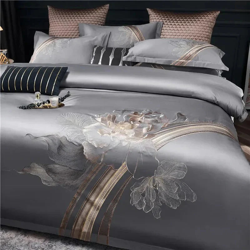 Duvet Cover Set | Egyptian Cotton | Floral Embroidery | Bedroom Sanctuary