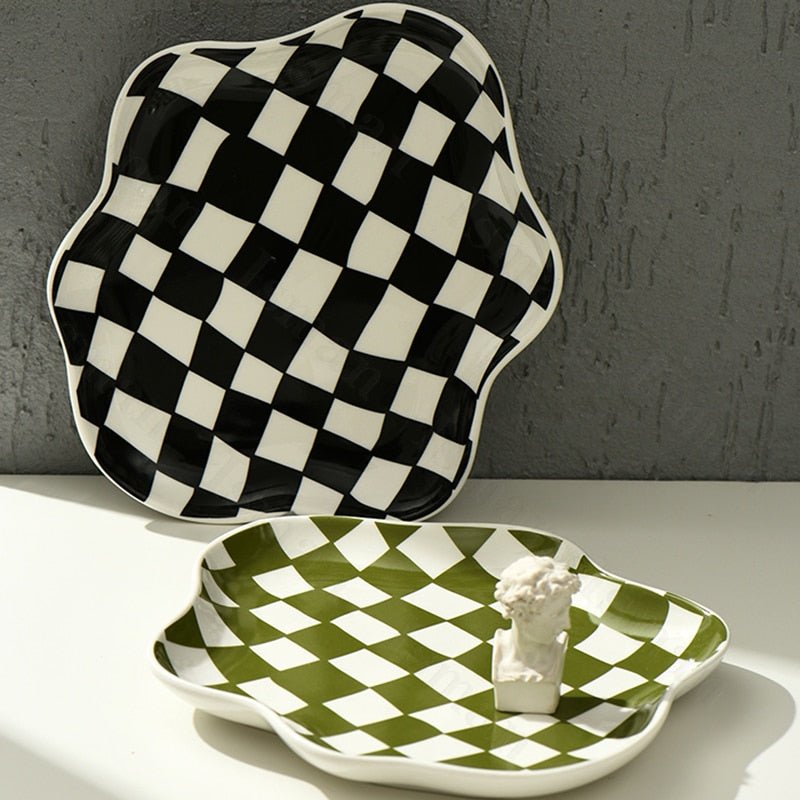 Storage Tray | Ceramic | Checkerboard Pattern & Scalloped Edge | Living Room Accent