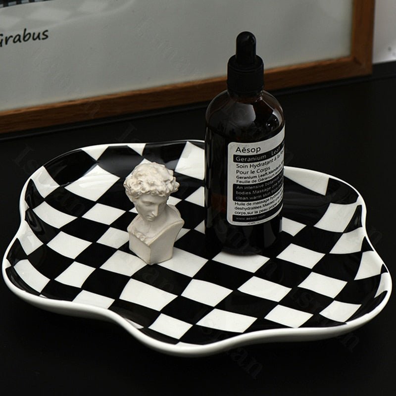 Storage Tray | Ceramic | Checkerboard Pattern & Scalloped Edge | Living Room Accent