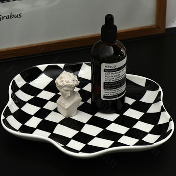Storage Tray | Ceramic | Checkerboard Pattern & Scalloped Edge | Living Room Accent