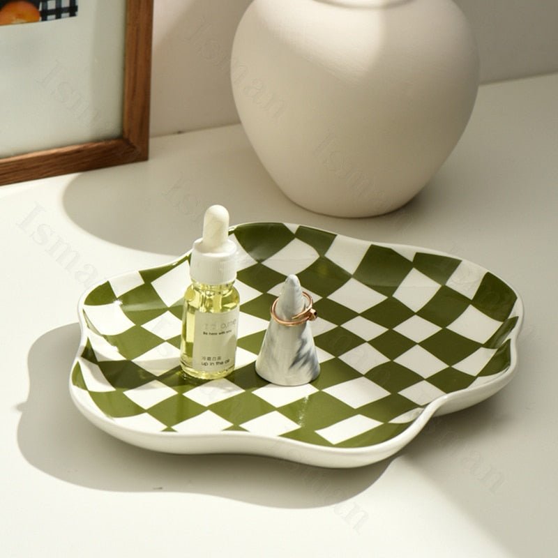 Storage Tray | Ceramic | Checkerboard Pattern & Scalloped Edge | Living Room Accent