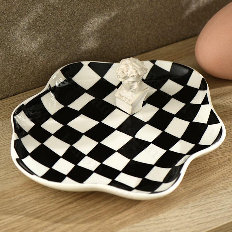 Storage Tray | Ceramic | Checkerboard Pattern & Scalloped Edge | Living Room Accent