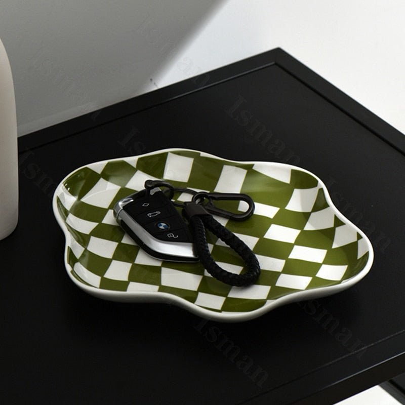 Storage Tray | Ceramic | Checkerboard Pattern & Scalloped Edge | Living Room Accent