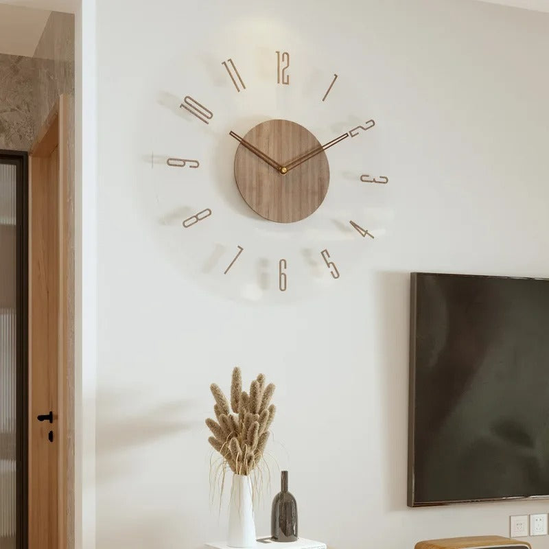 Wall Clock | Natural Wood | Open Face Design & Simple Numbers | Modern Living Room