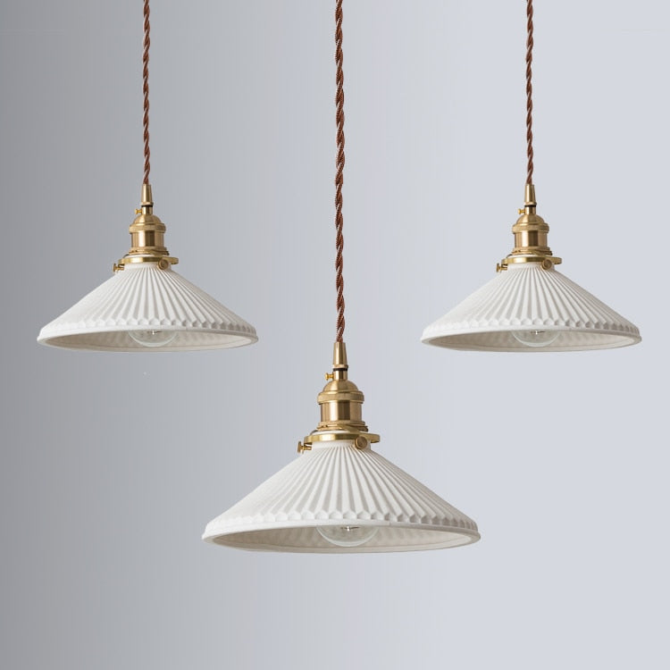 Pendant Light | White Ceramic & Brass | Fluted Shade Design | Living Room Accent