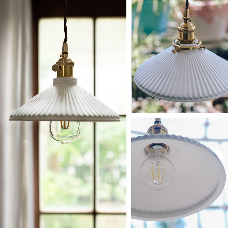 Pendant Light | White Ceramic & Brass | Fluted Shade Design | Living Room Accent