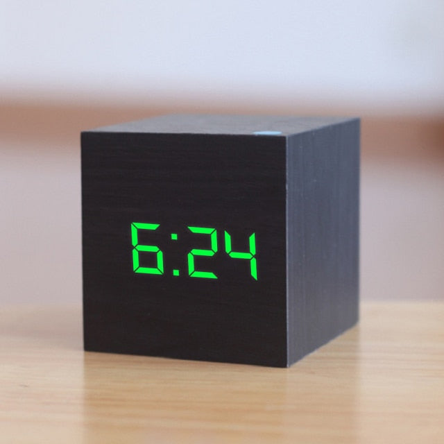 Digital Alarm Clock | Wood & LED Display | Cube Shape | Bedside Table