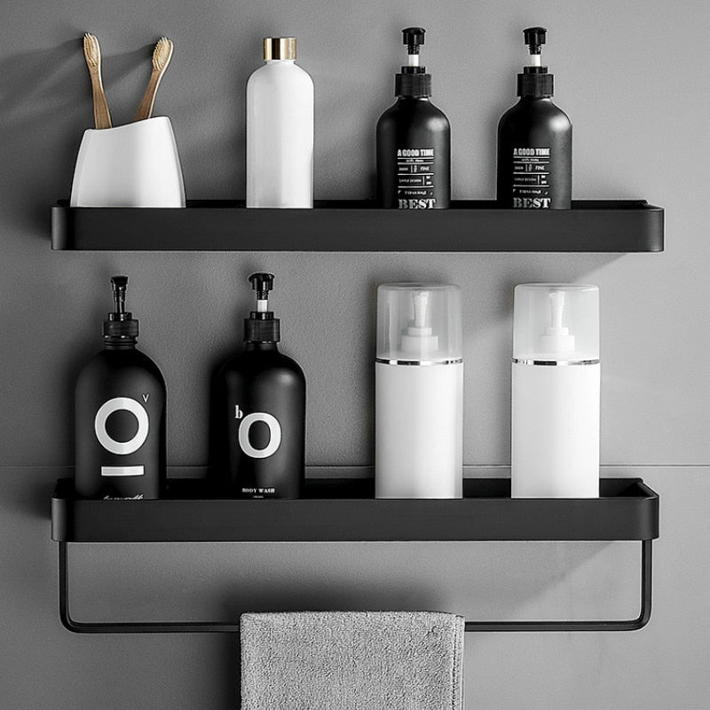 No-Drill Wall-Mounted Corner Shower Shelf Two-Tier with Towel Bar