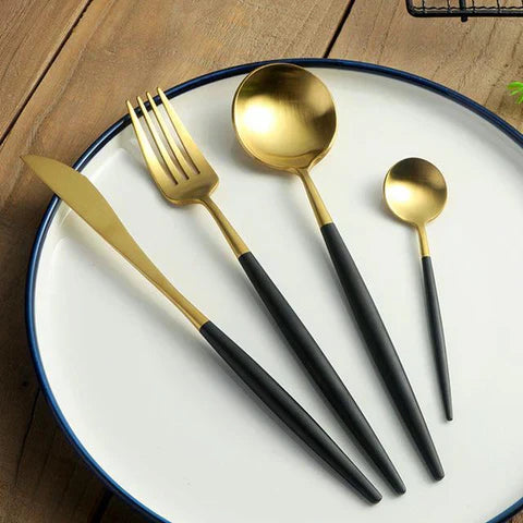 Cutlery Set | Brushed Gold Stainless Steel | Sleek Elongated Design | Upscale Dining