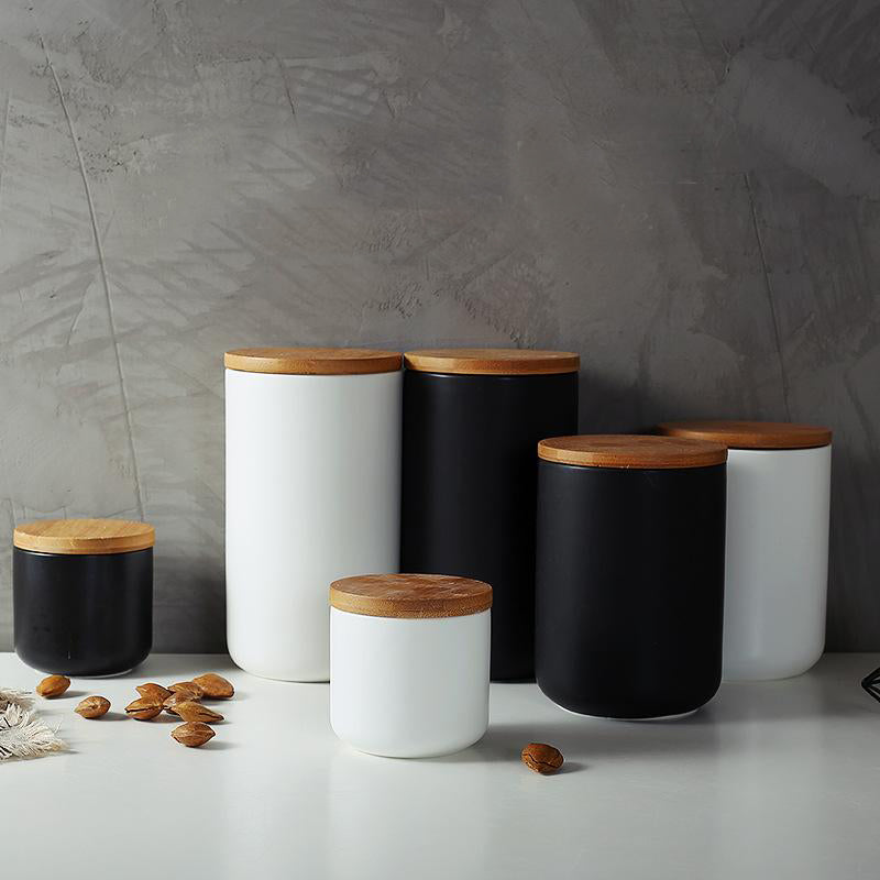 Storage Jar | Matte Ceramic & Natural Wood | Smooth Cylindrical Shape | Kitchen Counter Organizer