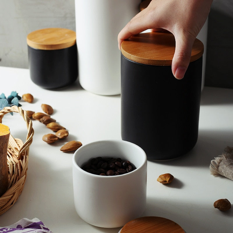 Storage Jar | Matte Ceramic & Natural Wood | Smooth Cylindrical Shape | Kitchen Counter Organizer