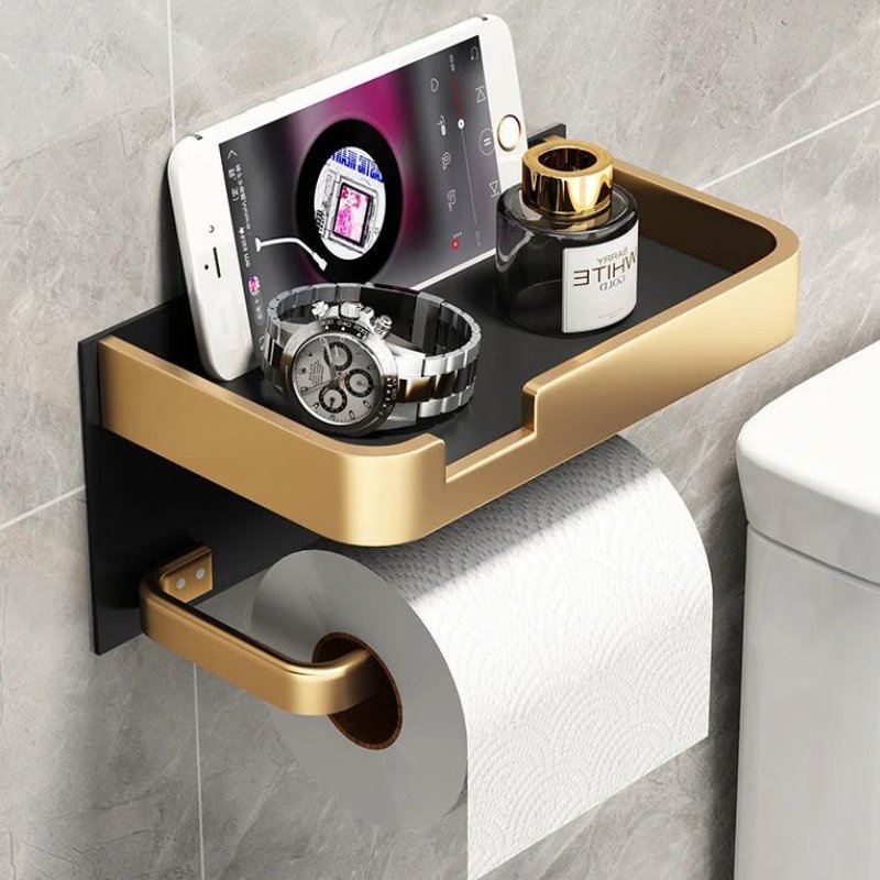 Toilet Paper Holder | Brushed Gold Metal & Matte Black Metal | Integrated Shelf | Wall-Mounted Bathroom Accessory