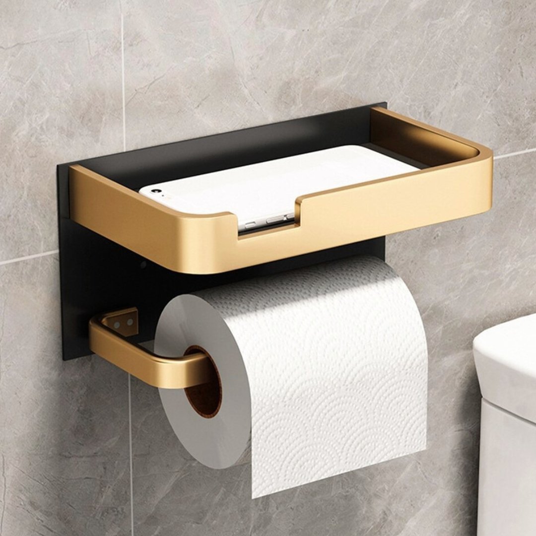 Toilet Paper Holder | Brushed Gold Metal & Matte Black Metal | Integrated Shelf | Wall-Mounted Bathroom Accessory
