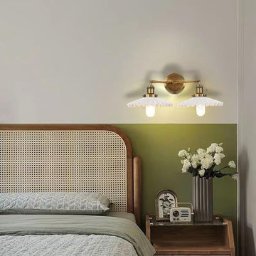 Vintage-Inspired Double Arm Ceramic Wall Sconce with Scalloped Shades
