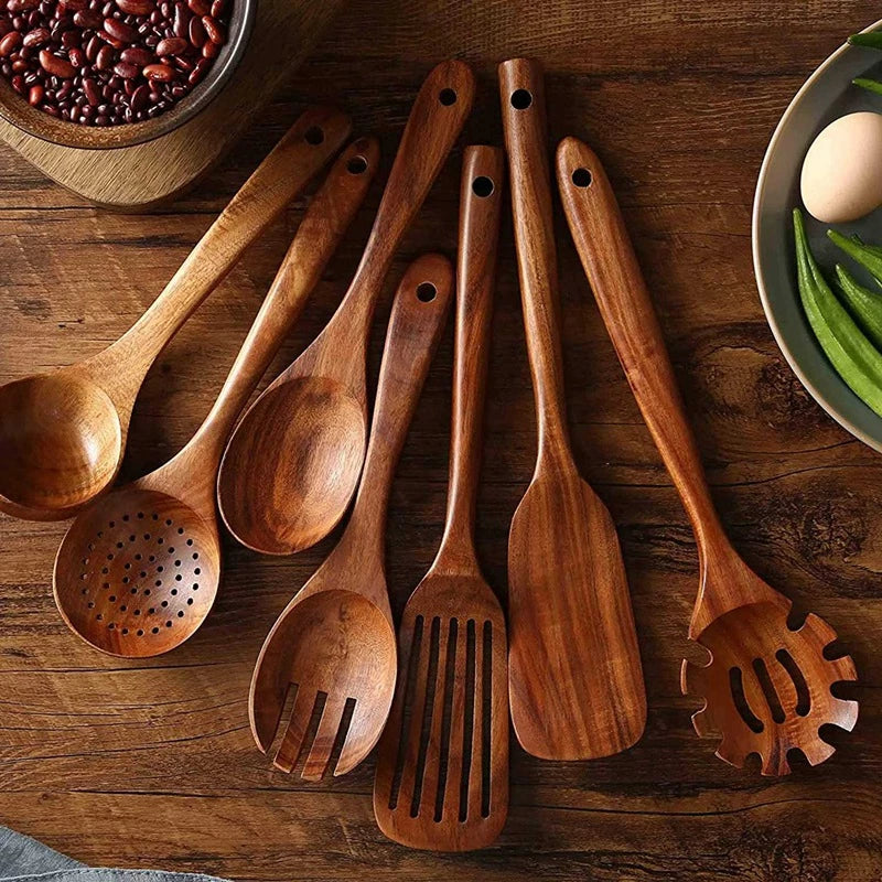 Rustic Teak Wood Kitchen Utensil Set with Holder - Eco-Friendly Design