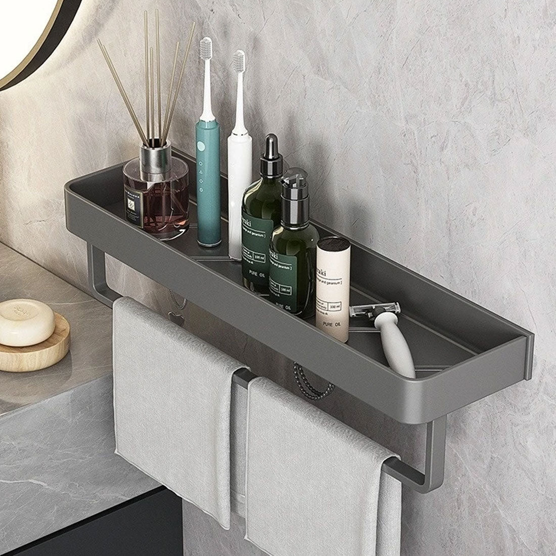 Wall Shelf With Towel Holder | Matte Metal | Two-Tier Shelving | Bathroom Space-Saver