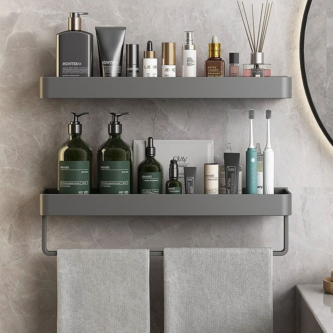 Wall Shelf With Towel Holder | Matte Metal | Two-Tier Shelving | Bathroom Space-Saver