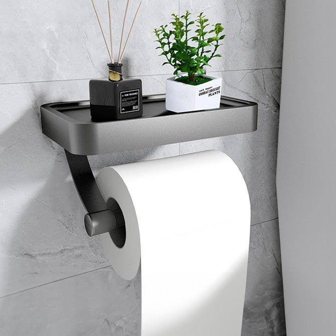 Toilet Paper Holder With Shelf | Matte Black Metal & Plastic | Integrated Shelf | Bathroom Wall Mount