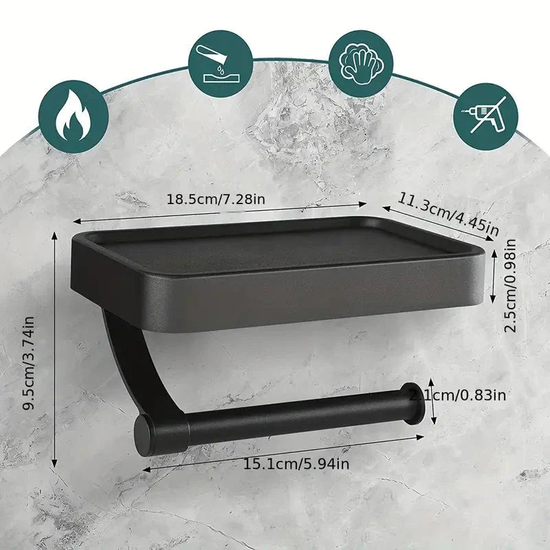 Toilet Paper Holder With Shelf | Matte Black Metal & Plastic | Integrated Shelf | Bathroom Wall Mount