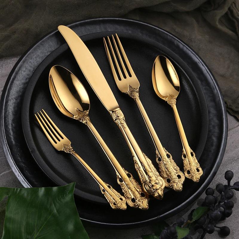 Cutlery Set | Gold-Colored Stainless Steel | Intricate Ornate Detailing | Lavish Dinner Settings