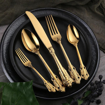 Cutlery Set | Gold-Colored Stainless Steel | Intricate Ornate Detailing | Lavish Dinner Settings