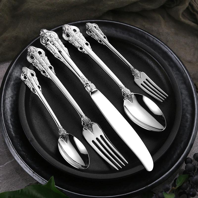 Cutlery Set | Gold-Colored Stainless Steel | Intricate Ornate Detailing | Lavish Dinner Settings