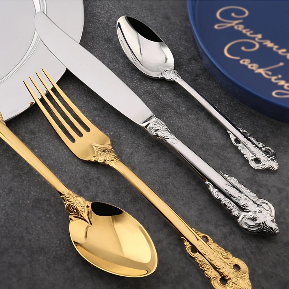 Cutlery Set | Gold-Colored Stainless Steel | Intricate Ornate Detailing | Lavish Dinner Settings