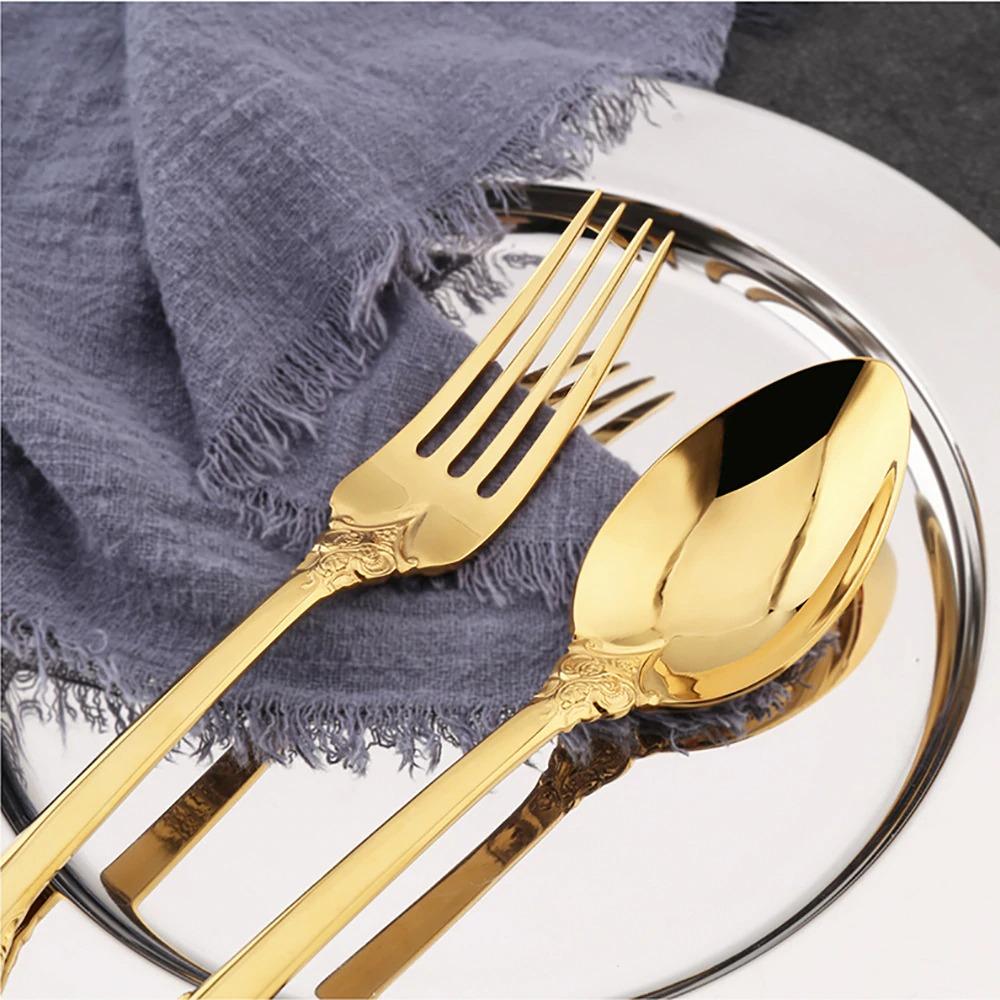 Cutlery Set | Gold-Colored Stainless Steel | Intricate Ornate Detailing | Lavish Dinner Settings